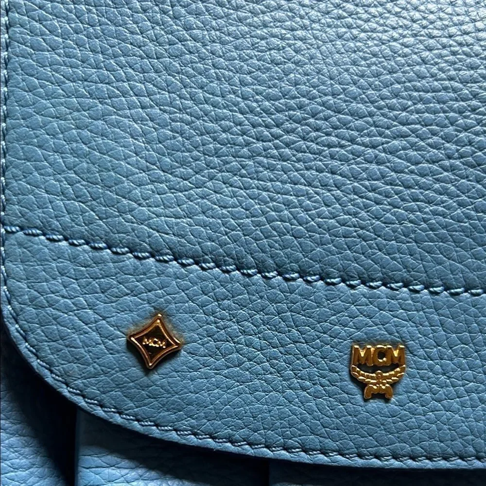 MCM Sky Blue Leather Shoulder Bag with Gold Chain impeccable